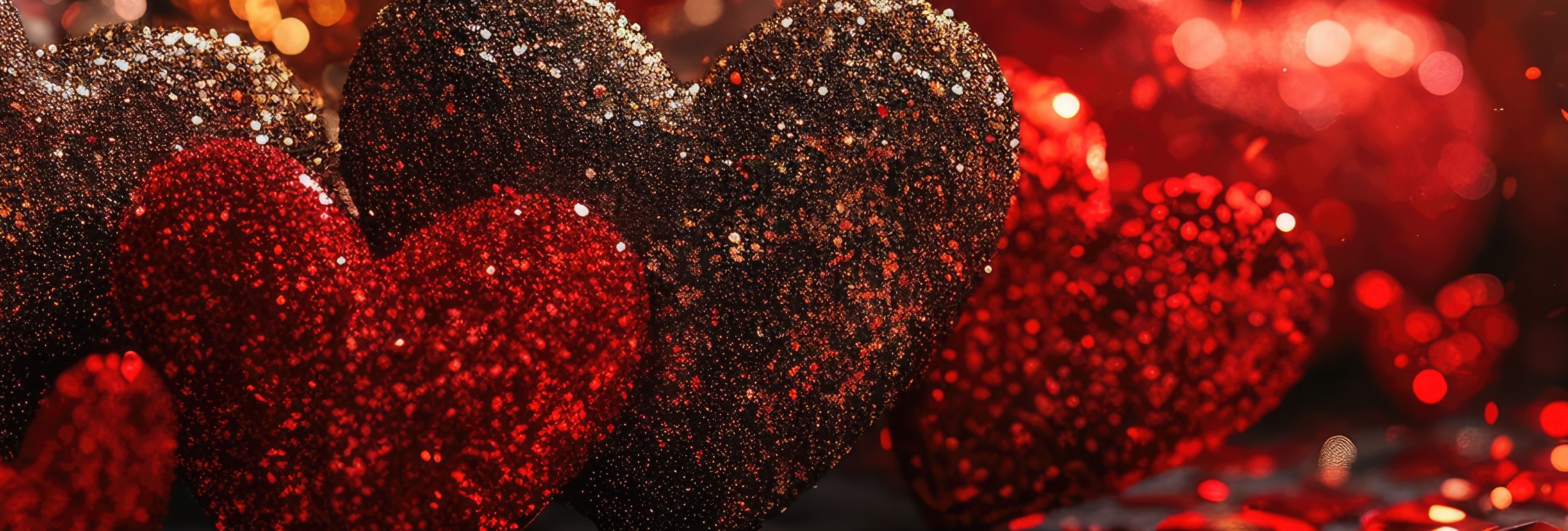 Glittery red and gold hearts amid sparkling confetti, celebrating Valentine's Day