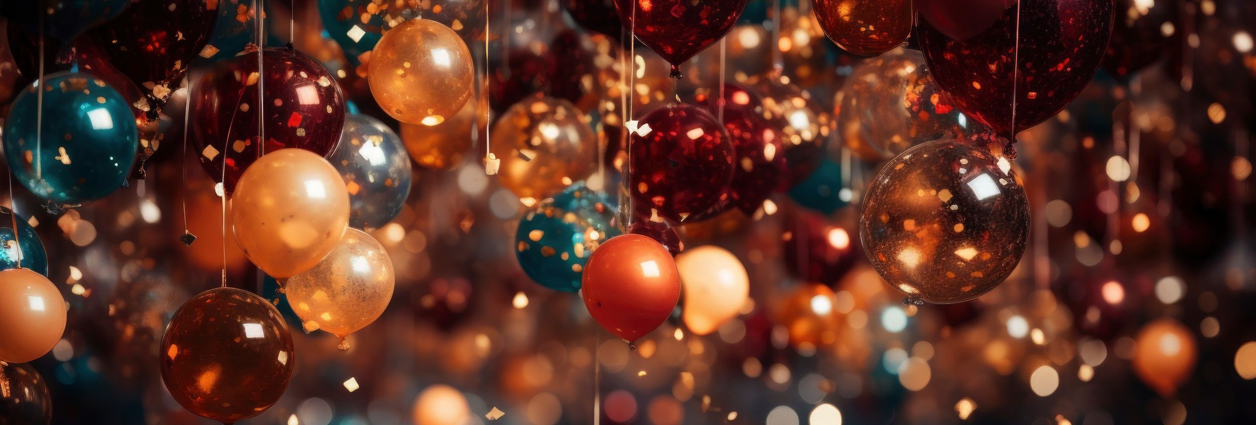 Colorful Christmas ornaments and glitter hanging from the ceiling