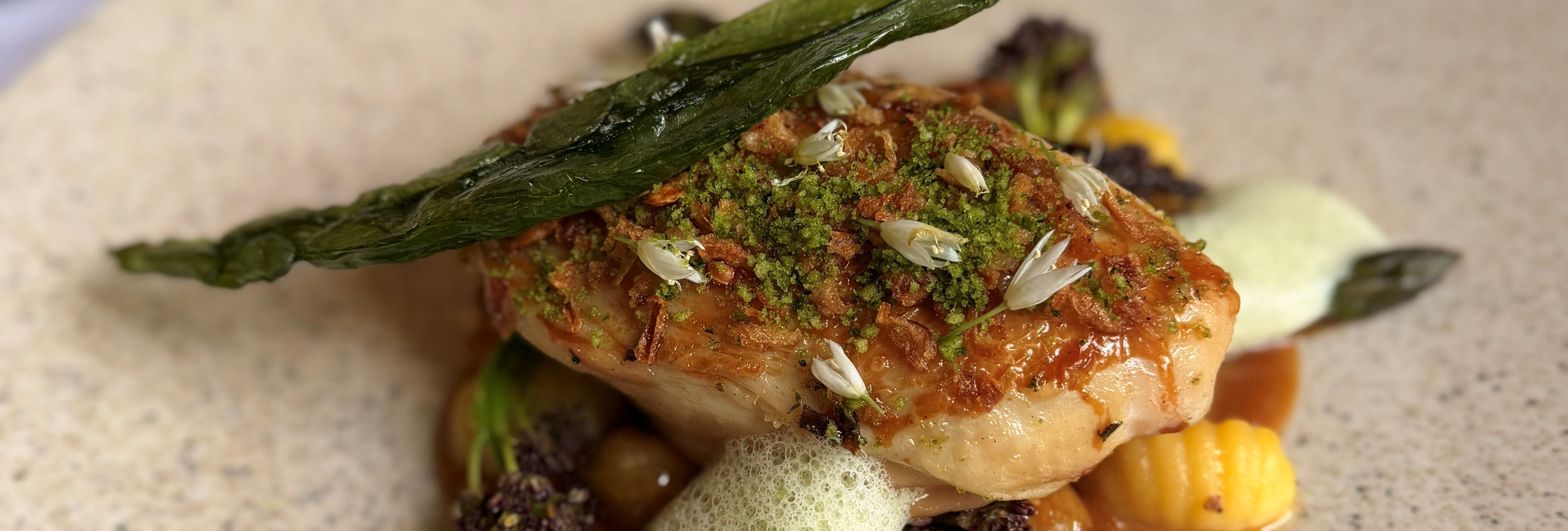 Gourmet chicken dish with green garnish, asparagus, gnocchi, and sauce on a ceramic plate