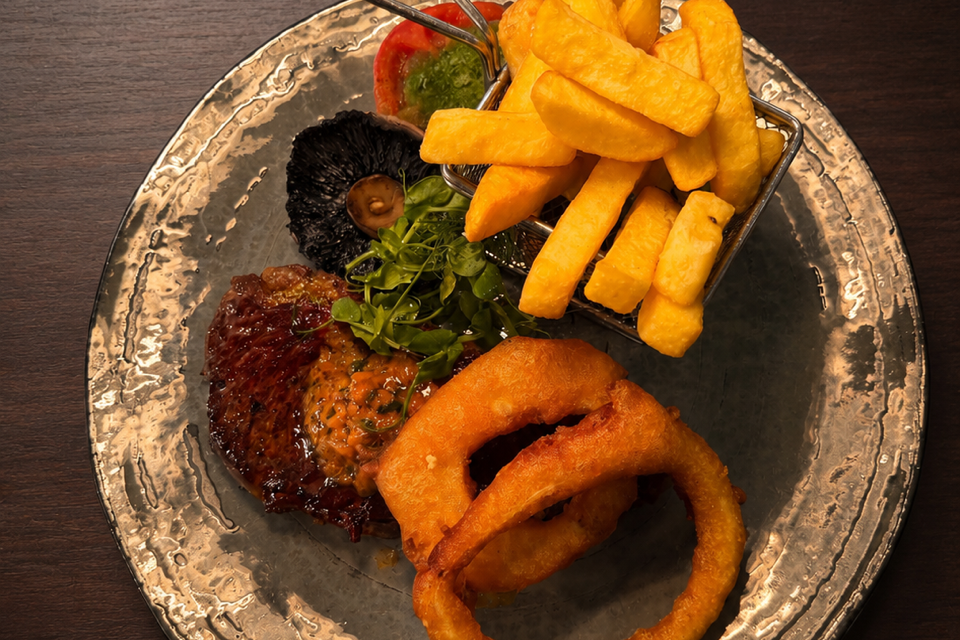 A plate with steak, onion rings, French fries, grilled tomato, mushroom, and greens.