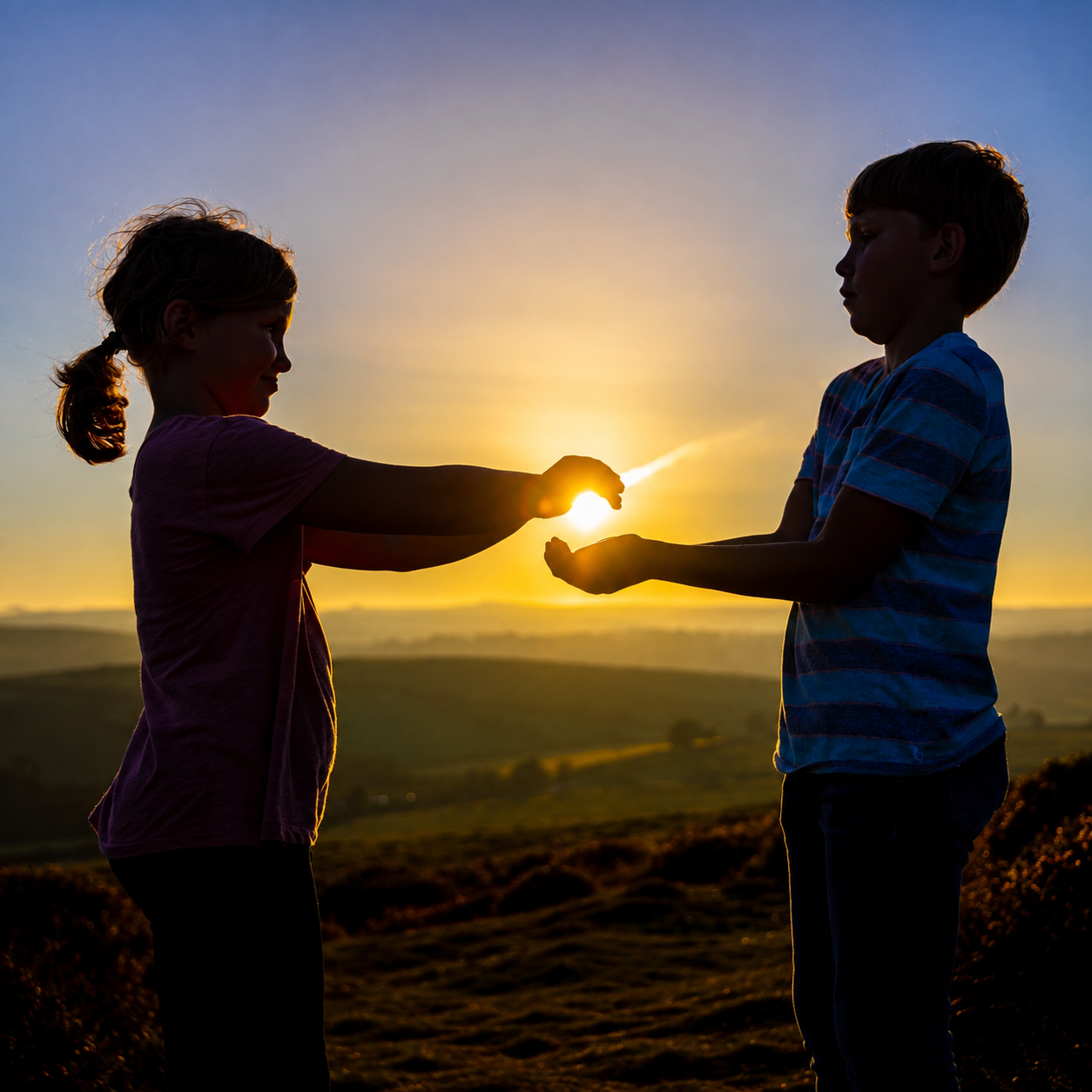 Silhouette of two children playing at sunset, holding their hands around the sun