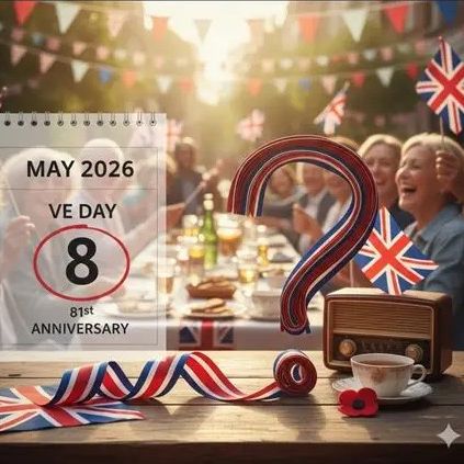 VE Day celebration scene with calendar marked May 8, 2026, British flags, people celebrating, and Union Jack decorations.