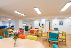 Room with colourful chairs around tables