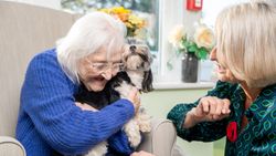 Elderly Woman Cuddling Small Dog