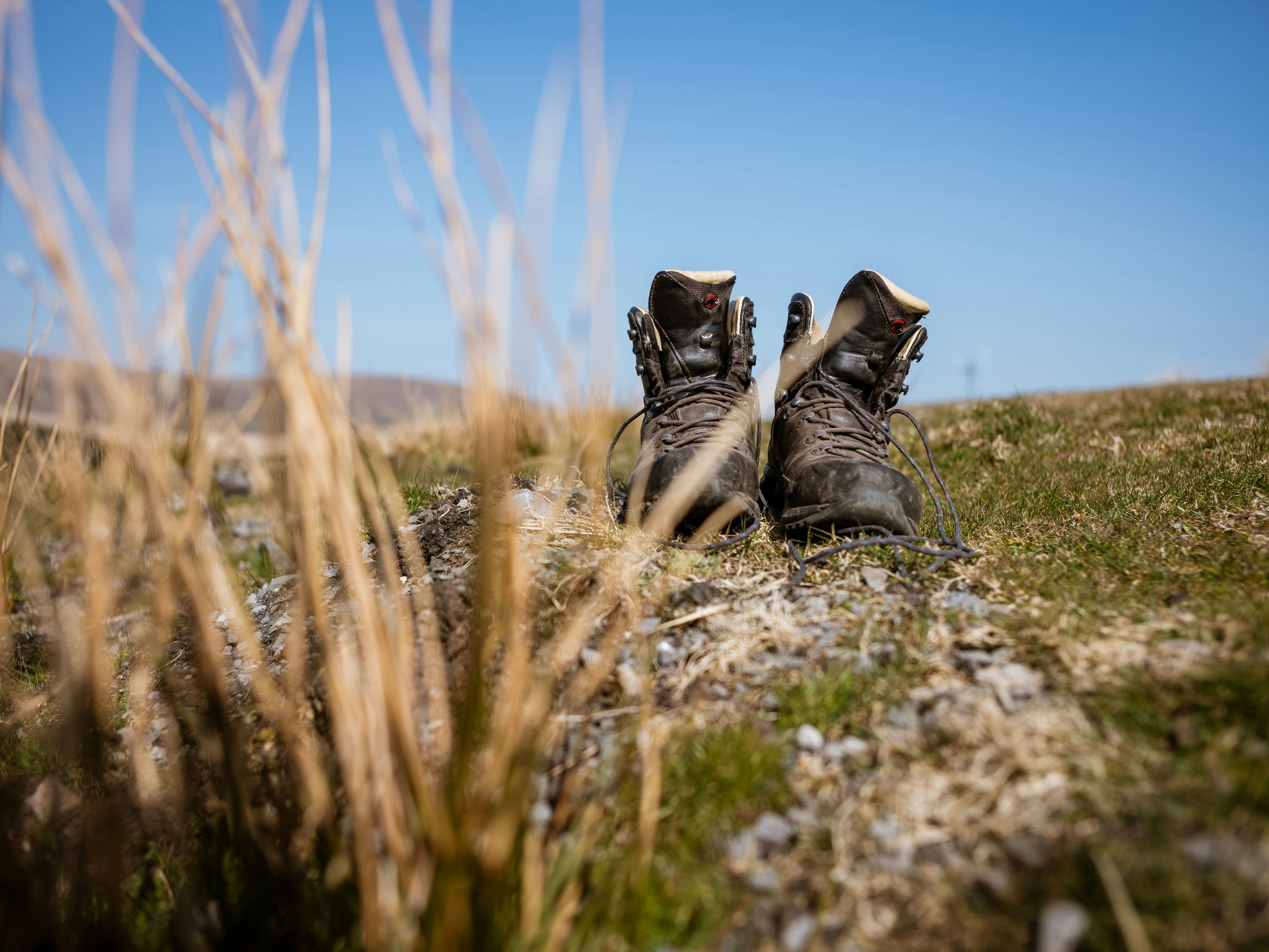 A pair of worn hiking boots resting in a grassy field with dry grass and a clear blue sky.
