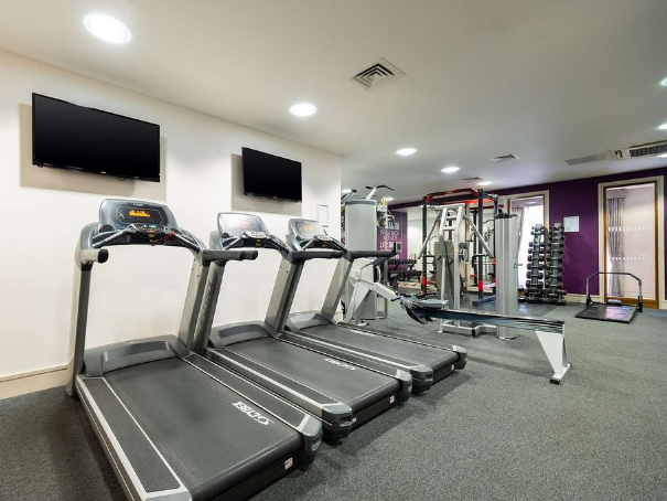 Modern gym with treadmills, weight machines, and TVs on the wall