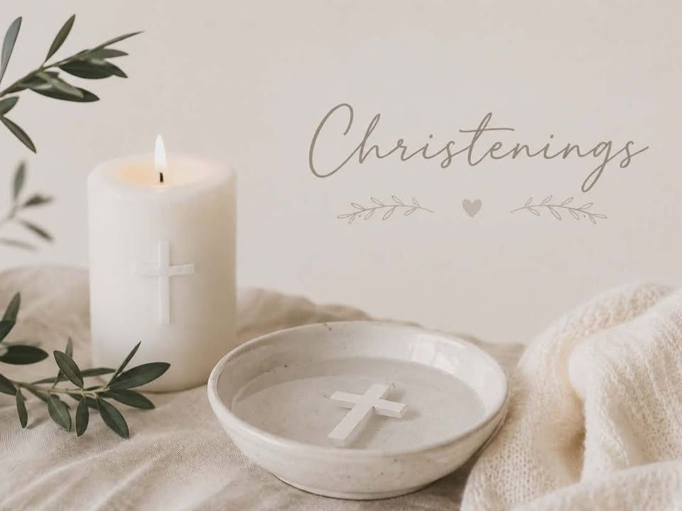 White candle with cross, bowl of water with cross, olive branch, and the word 'Christenings'