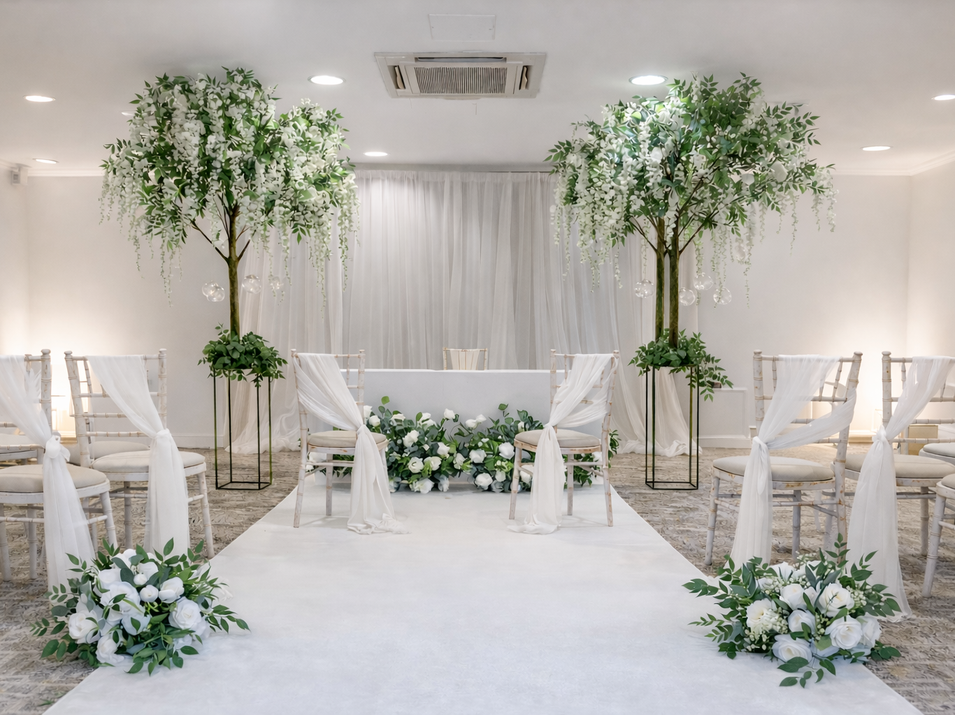 Elegant indoor wedding ceremony setup with white chairs, floral arrangements, and draped fabric.
