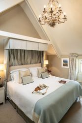 Elegant bedroom with a large bed, chandelier, canopy, and breakfast tray