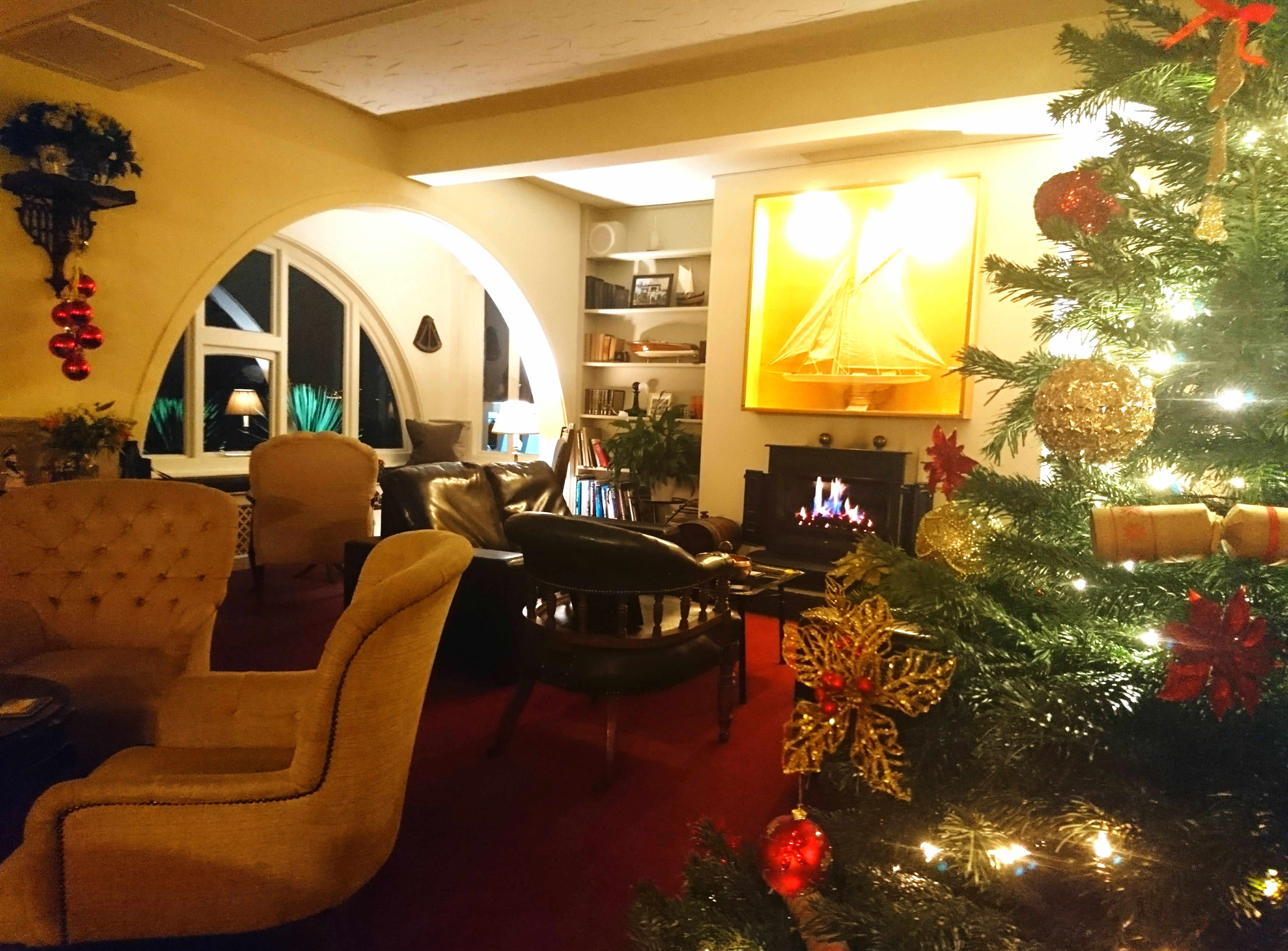 Cozy living room with a decorated Christmas tree, fireplace, and comfortable seating