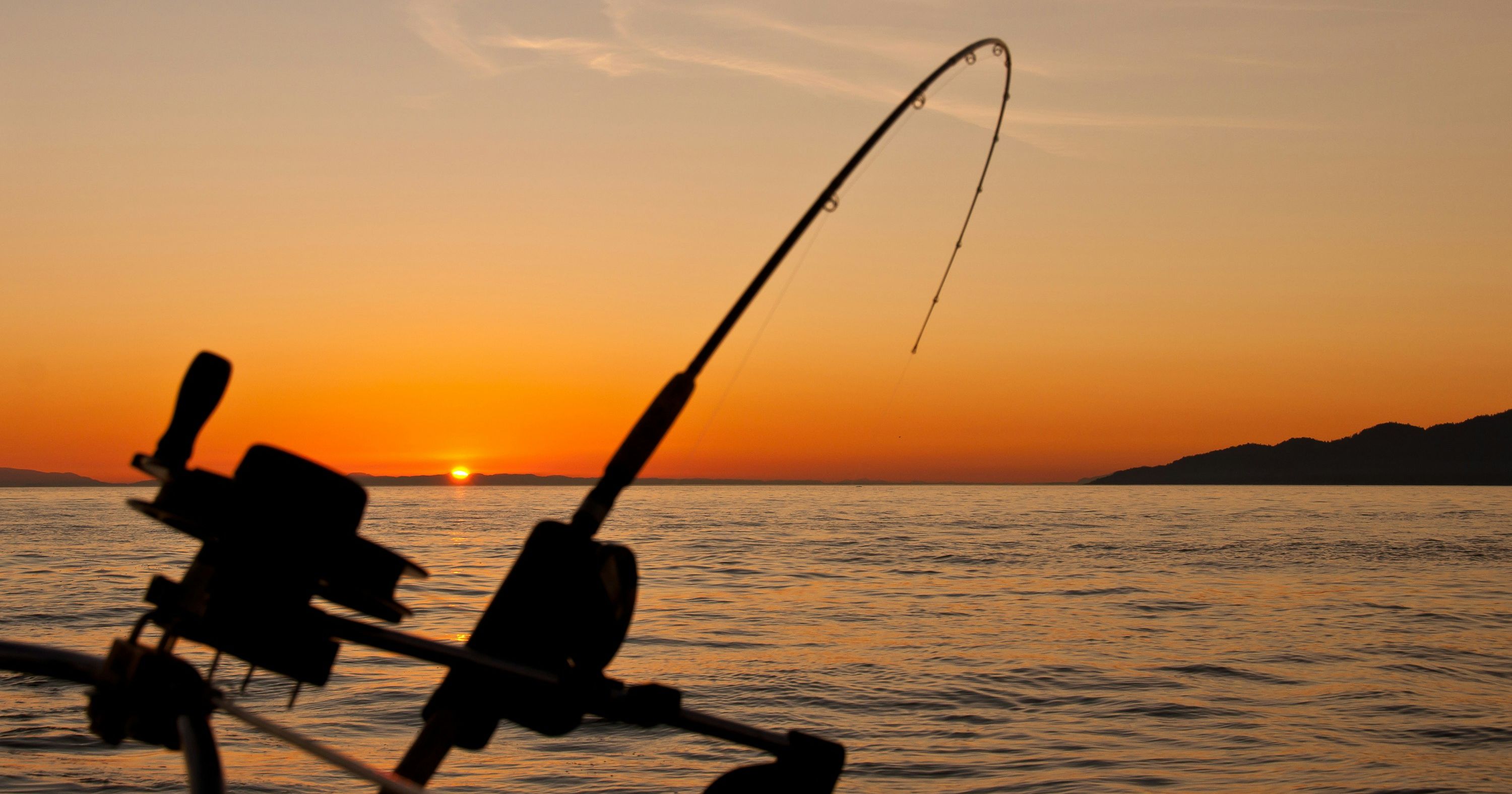 Fishing rod silhouette against an orange sunset over the water