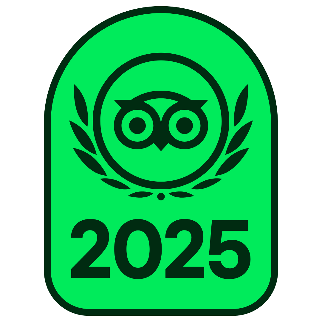 Tripadvisor 2025 award badge with owl logo and laurel wreath
