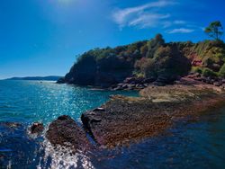 Rocky coastal shoreline with clear blue sea and green cliffs under a bright blue sky.