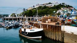 Fishing boat docked at a marina with lobster pots and fishing gear stacked on the quay, a ferris wheel, and hillside buildings in the background.
