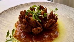 Plated gourmet dish resembling a blooming onion atop a sauce, garnished with microgreens, with a scenic seaside view in the background.