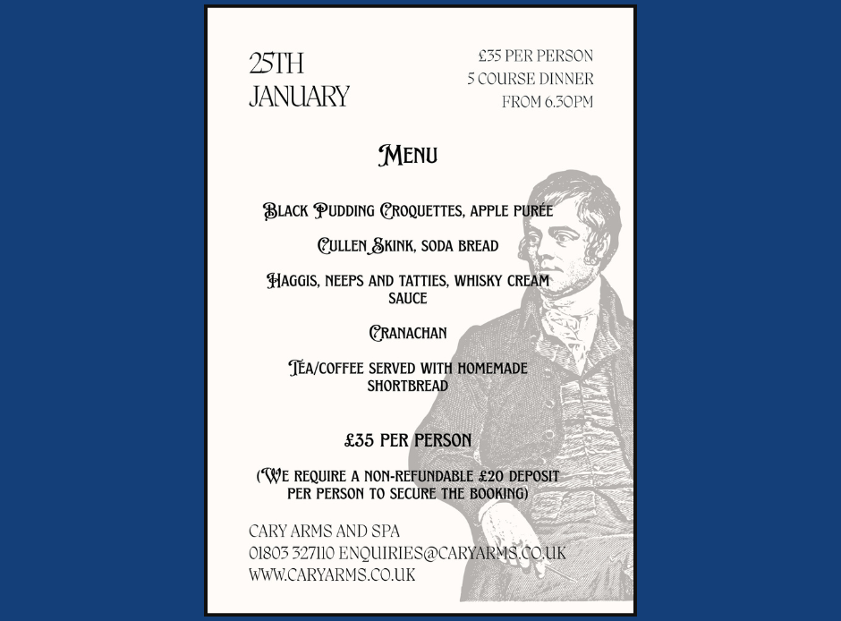 A Scottish-themed dinner menu for an event on 25th January, offering a 5-course meal for £35 per person at Cary Arms and Spa.
