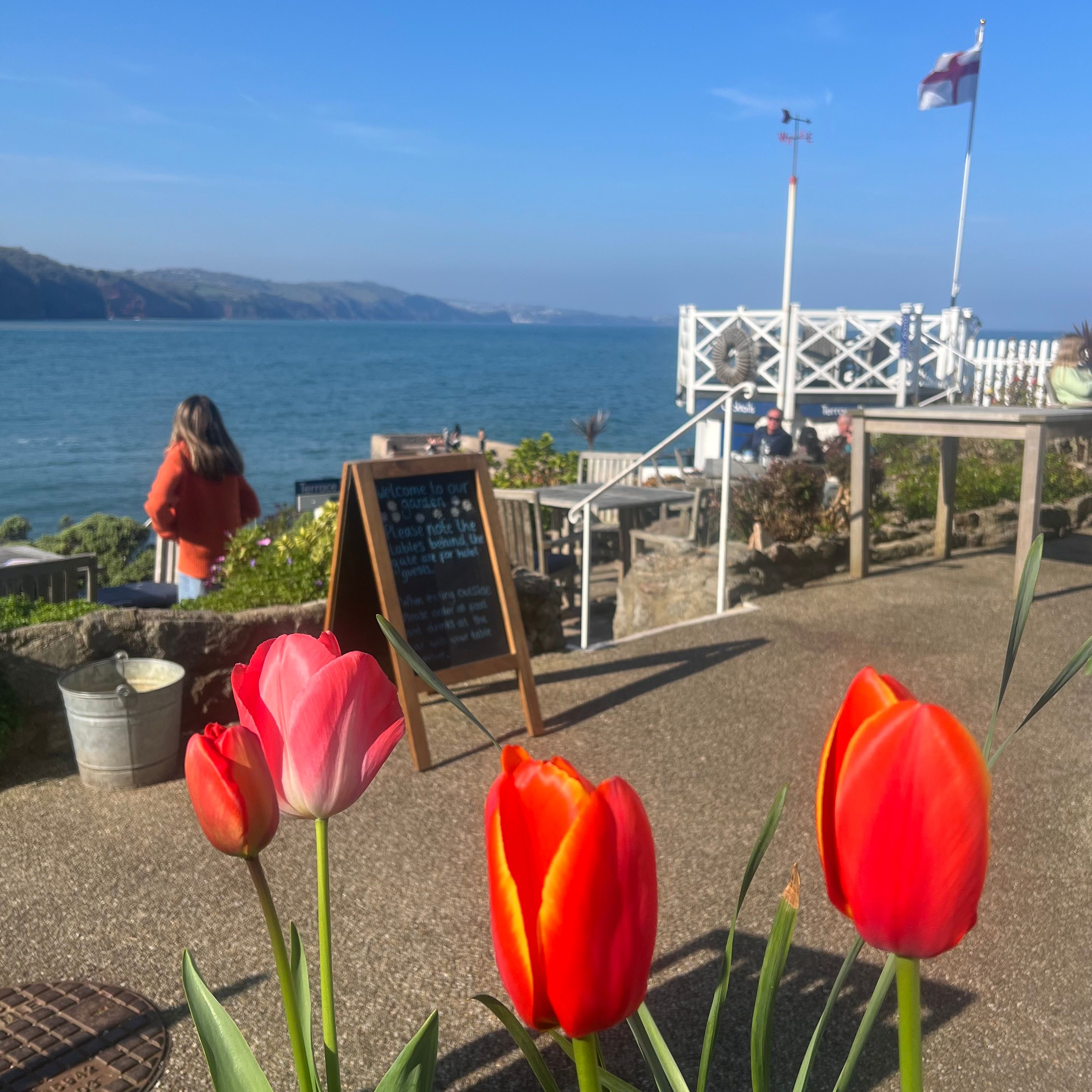 Red and pink tulips in the foreground with a seaside view, a woman looking at the ocean, and people sitting near a white railing and flag in the background.