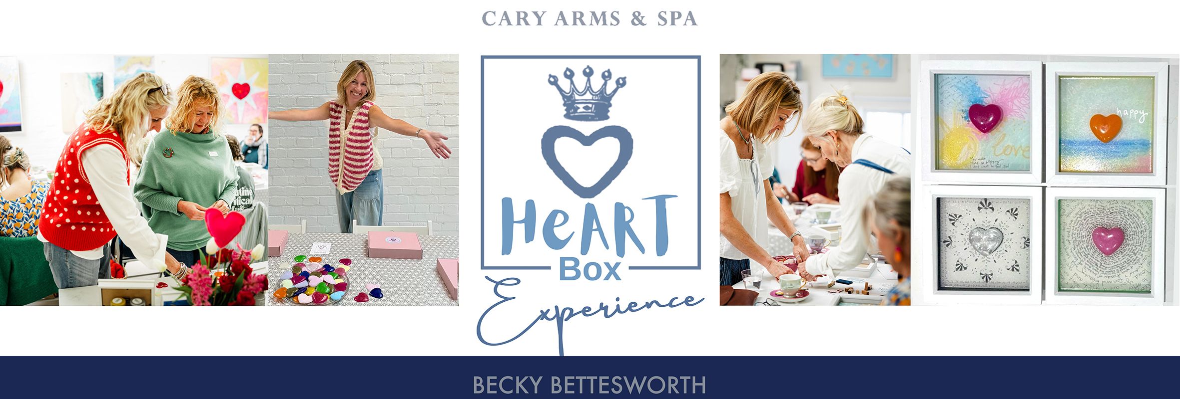 Cary Arms & Spa Heart Box Experience banner with photos of guests creating colourful heart-themed artwork and the Heart Box logo.