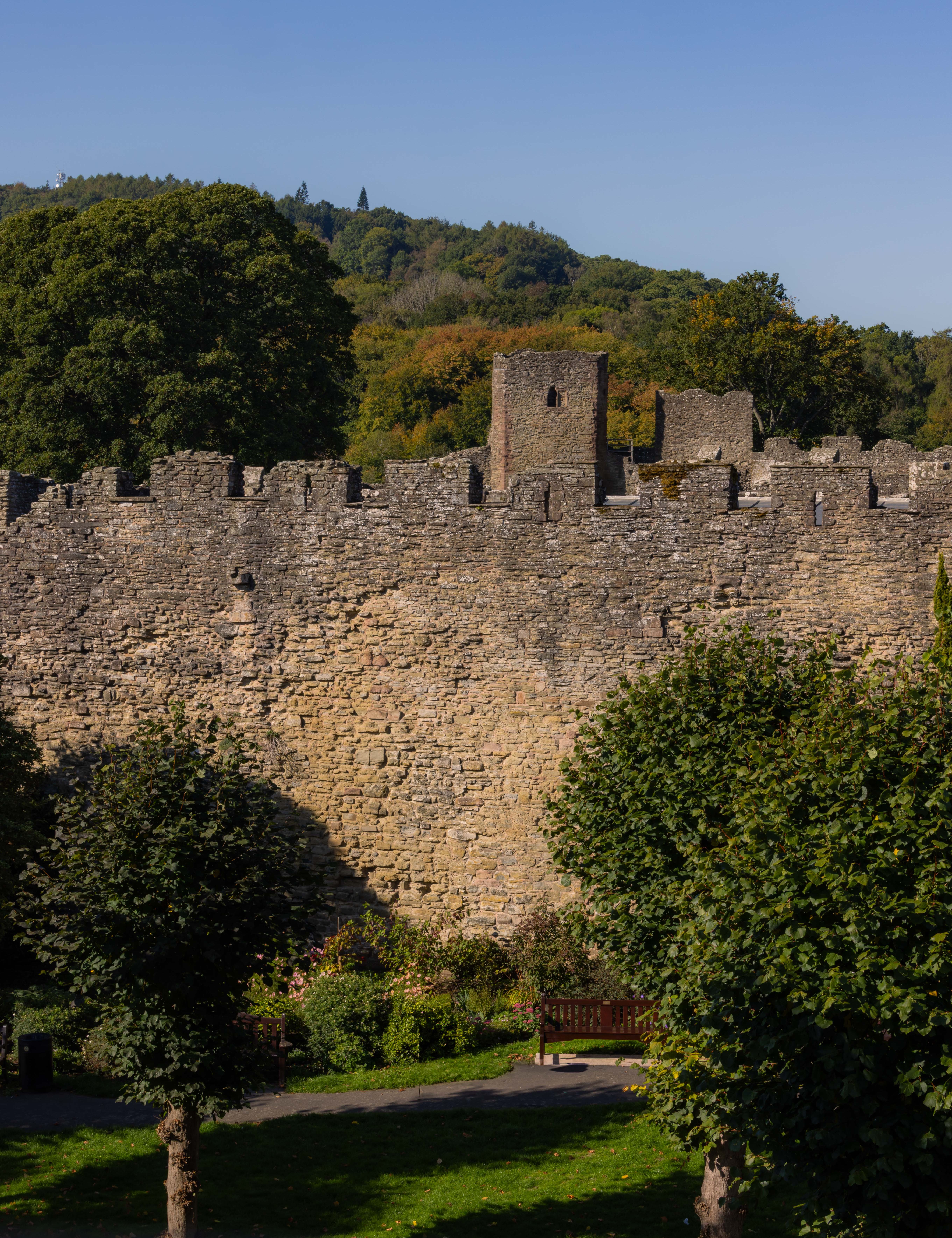 Medieval stone castle wall with tower surrounded by trees and greenery