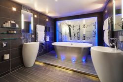 Modern ensuite bathroom with freestanding bathtub, illuminated blue lights, and frosted glass wall with tree design