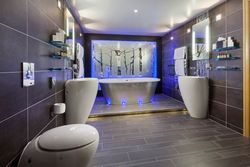 Luxury modern ensuite bathroom with a freestanding bathtub and ambient blue lighting