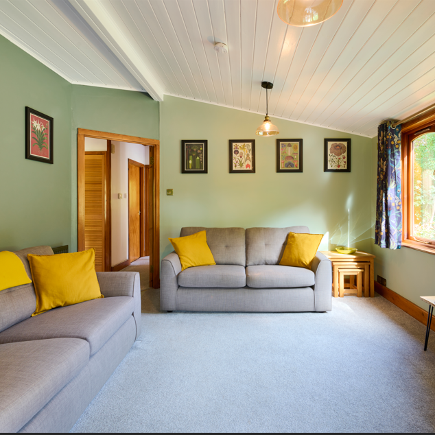 Bright living room with two grey sofas, yellow cushions, framed botanical artwork on green walls, large window with floral curtains, and a TV on a wooden stand.
