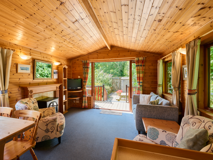 Cozy wooden cabin living room with large windows and a view of a garden.