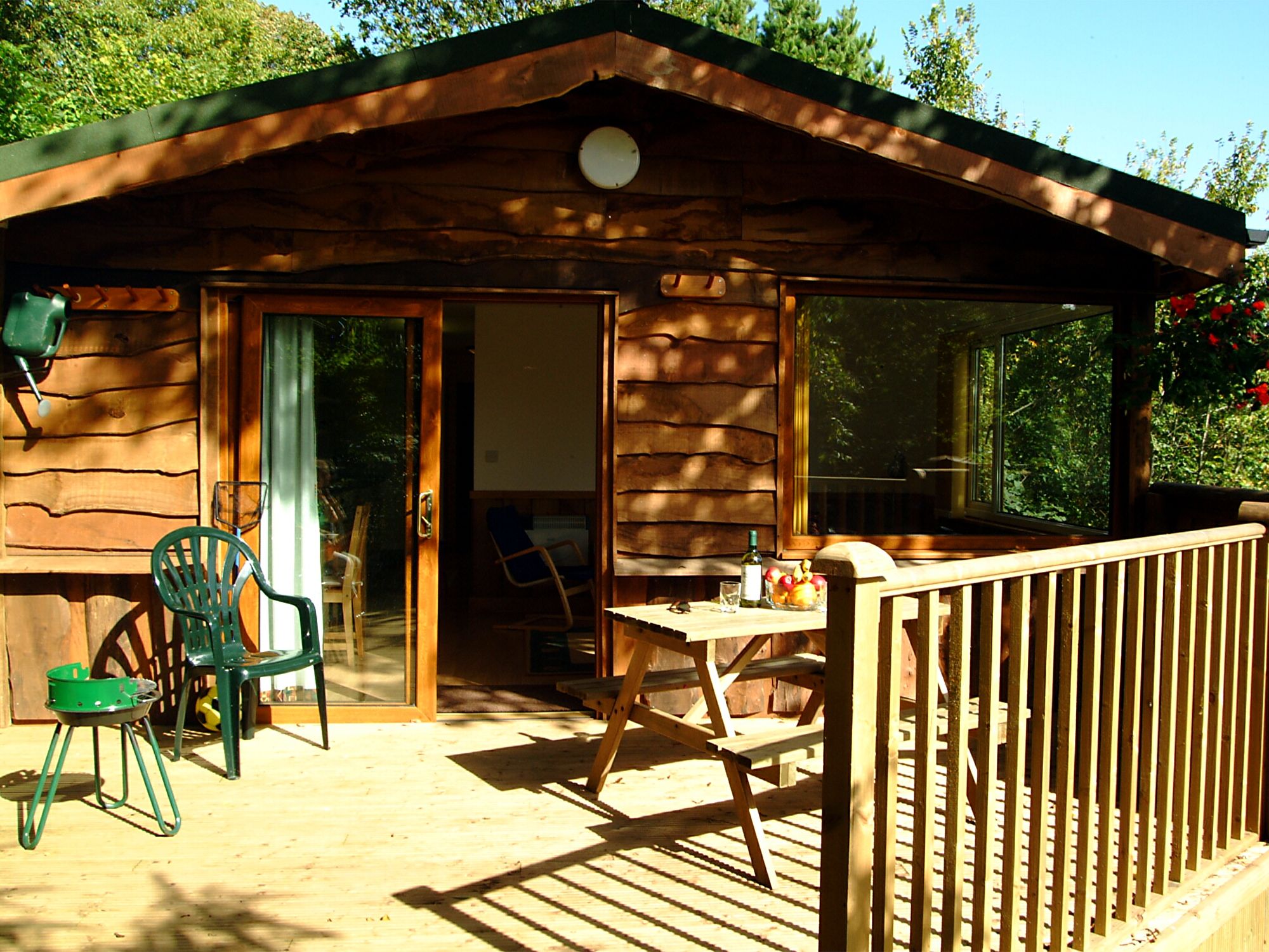 Wooden cabin with a deck in a forested area