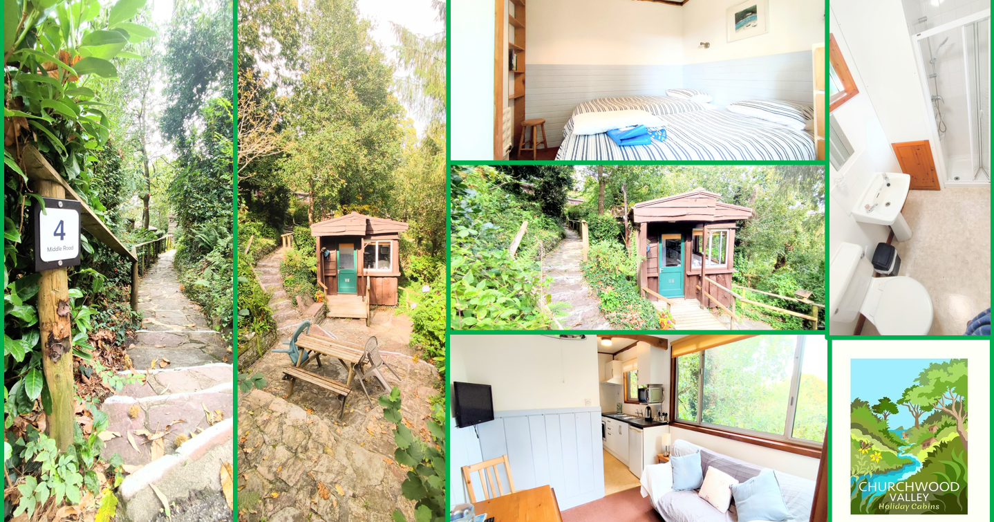 Collage of holiday cabin in a wooded setting, showing pathways, a small wooden cabin, bedroom, bathroom, kitchen, lounge area, and a Churchwood Valley sign.