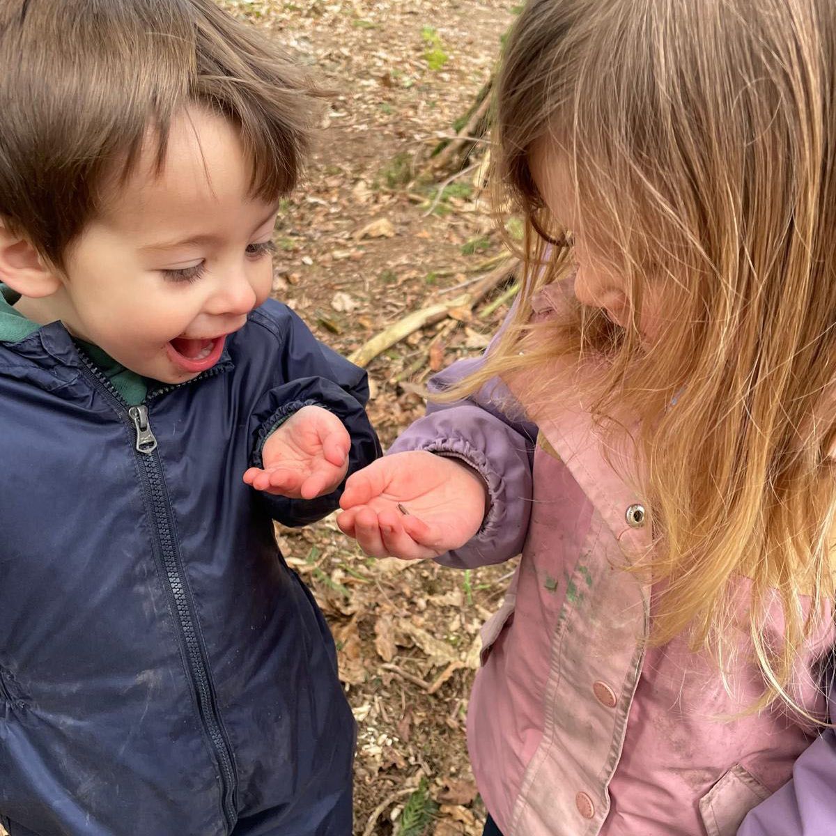 Two young children in outdoor jackets examining something in their open palms in a woodland setting.