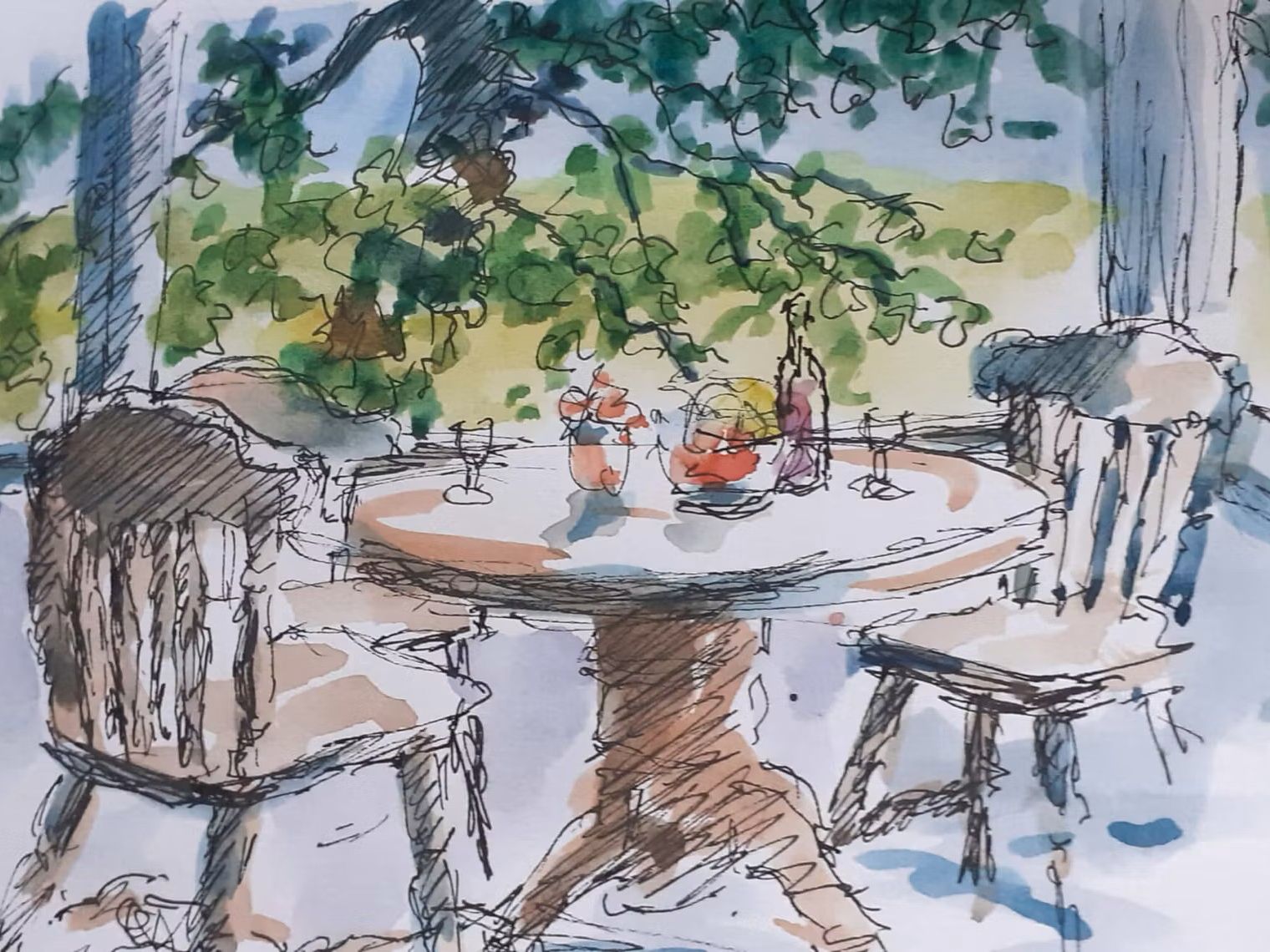 Watercolour and ink sketch of an outdoor table with two chairs beneath leafy branches, with a bottle and fruit on the tabletop.