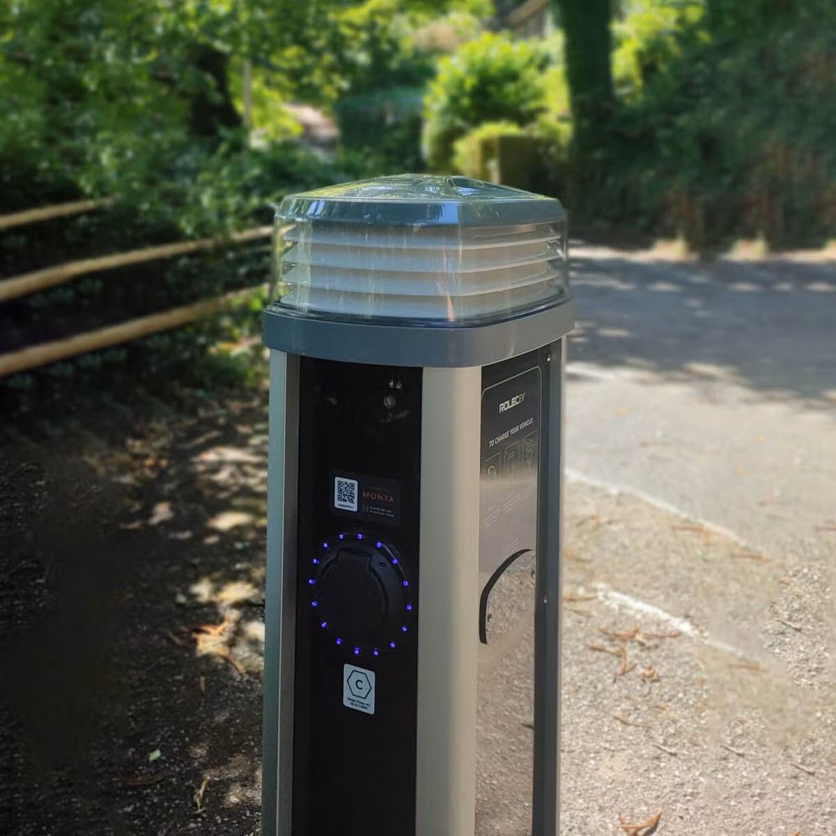 Electric vehicle charging point by a tree-lined path in a park