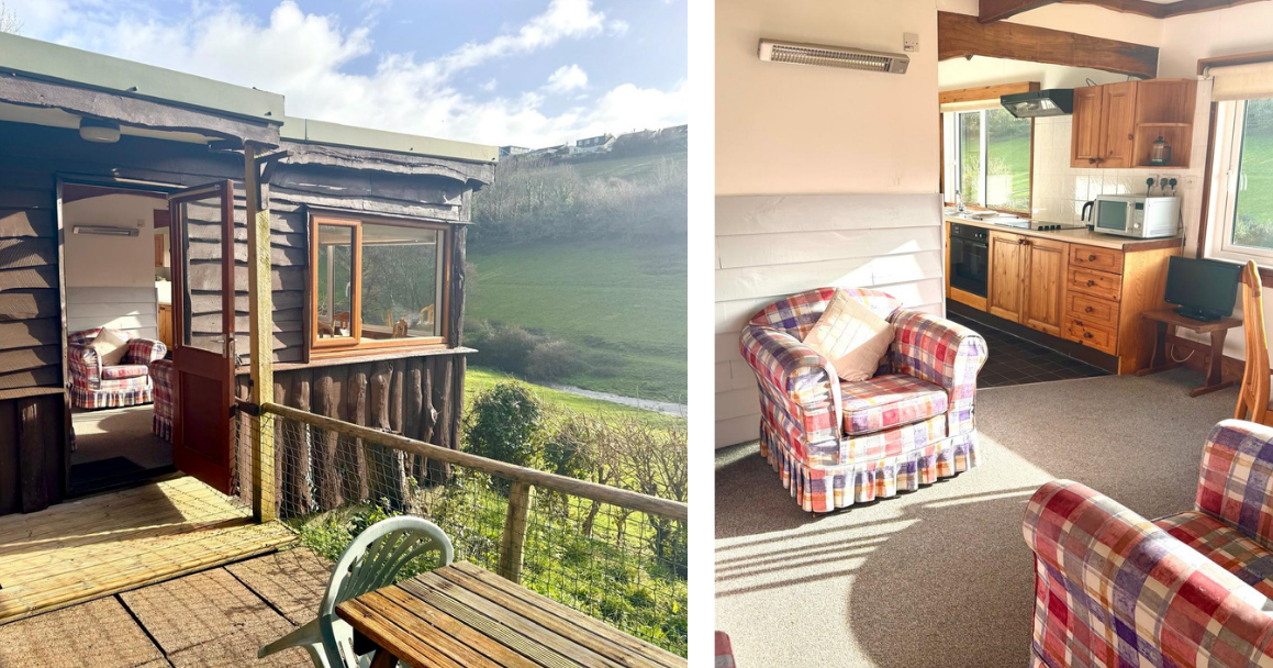 Collage of a rustic countryside cabin showing the exterior decking, lounge with tartan armchairs, wooden kitchen, shower room, dining nook and twin bedroom.