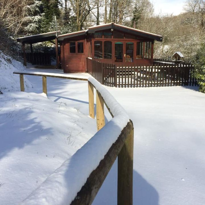 Snow-covered path leading to a wooden cabin in a woodland setting