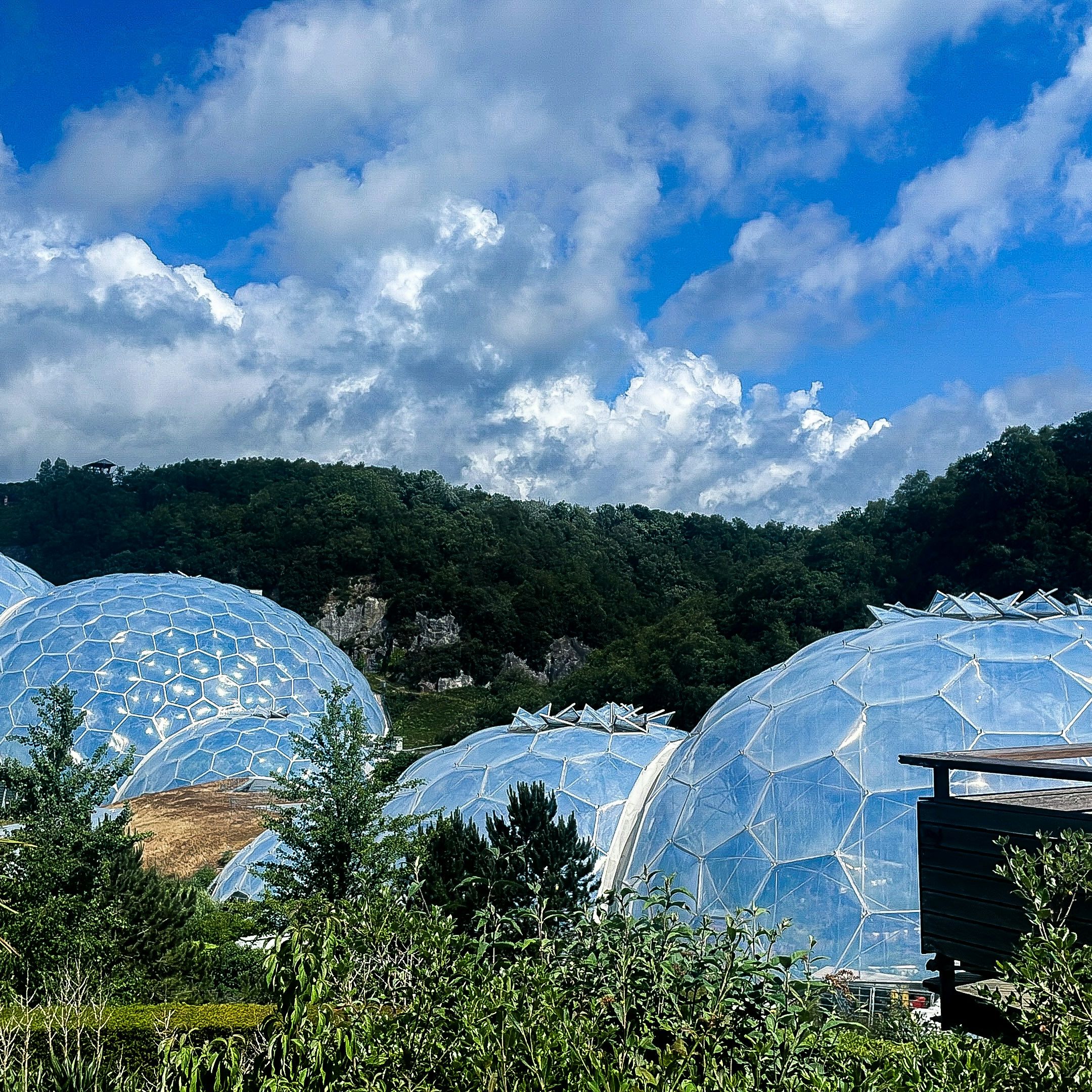 Large geodesic domes with transparent panels in a lush, green landscape under a blue sky with clouds.