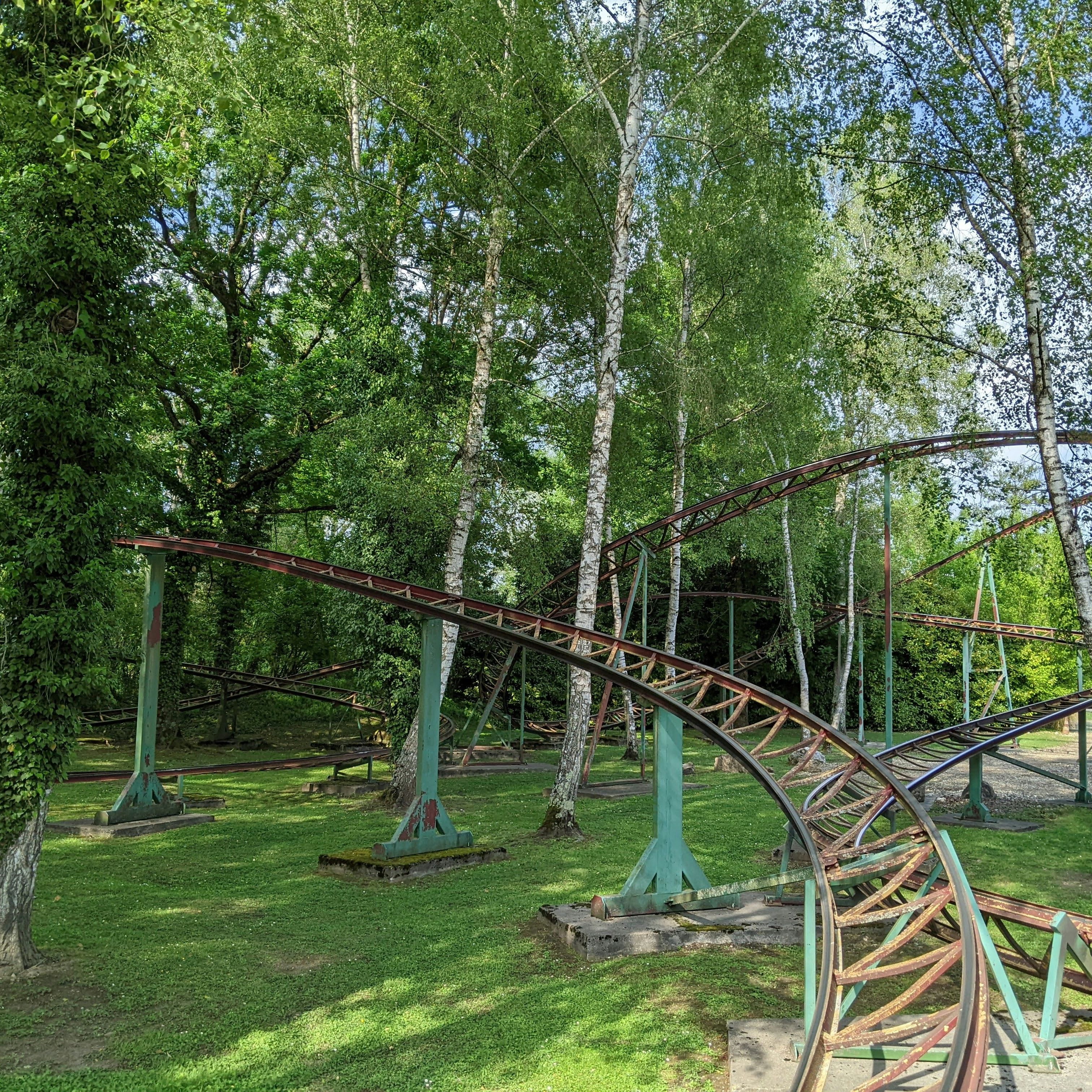 A roller coaster track winding through a forested area with trees and green grass.