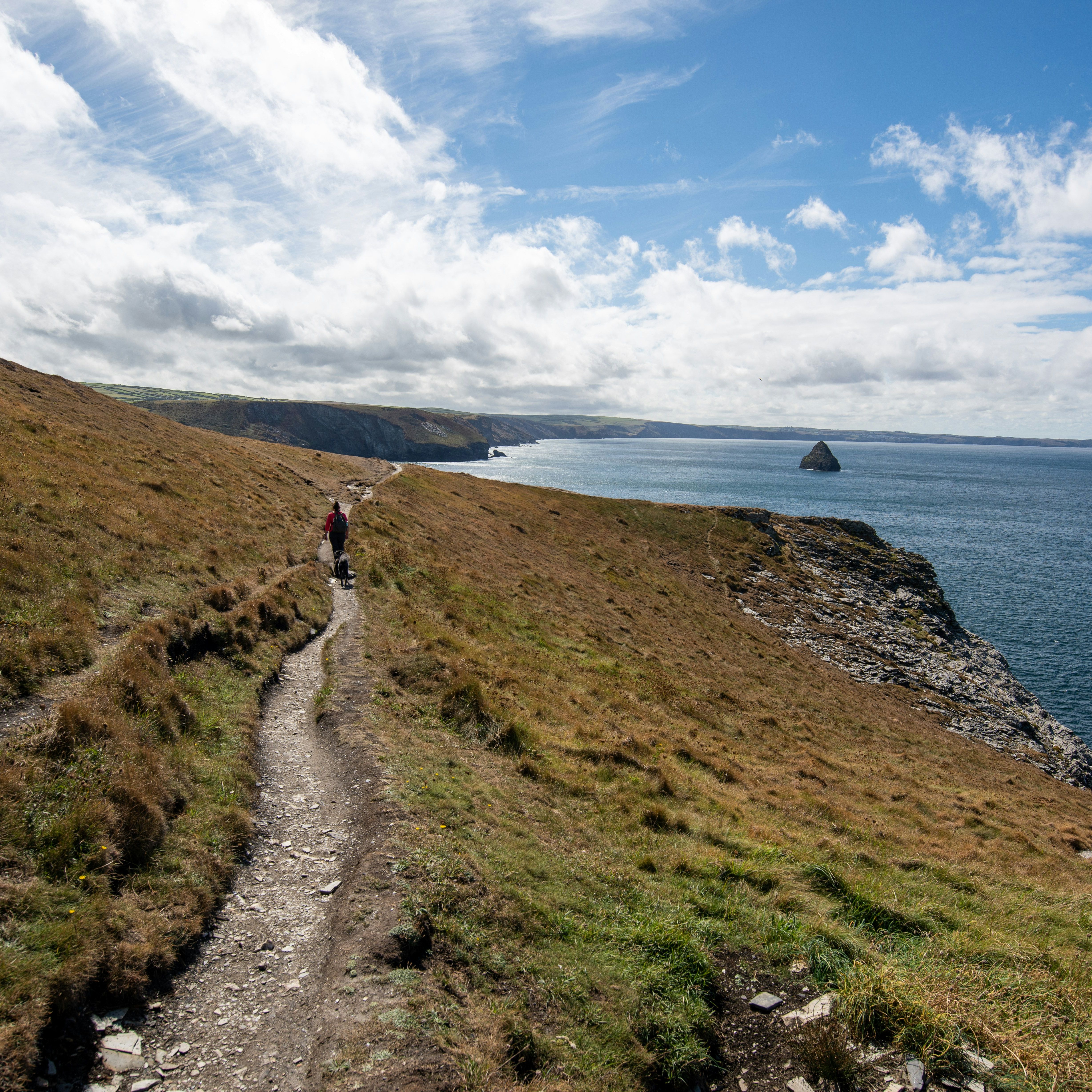 Person walking a dog along a coastal path on a grassy cliff overlooking the sea under a partly cloudy sky.