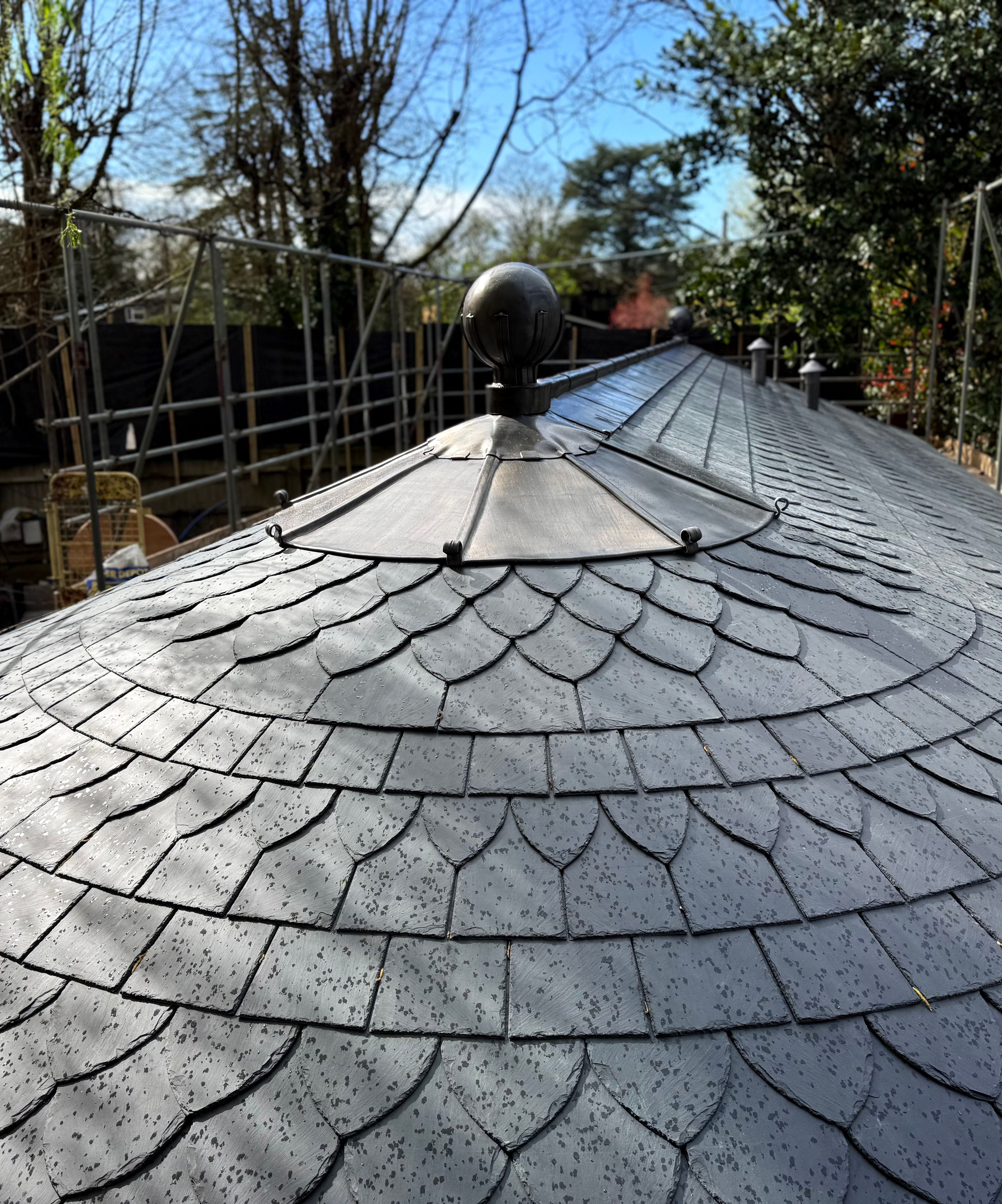 Curved slate roof with metal detailing and raindrops, surrounded by scaffolding and trees.