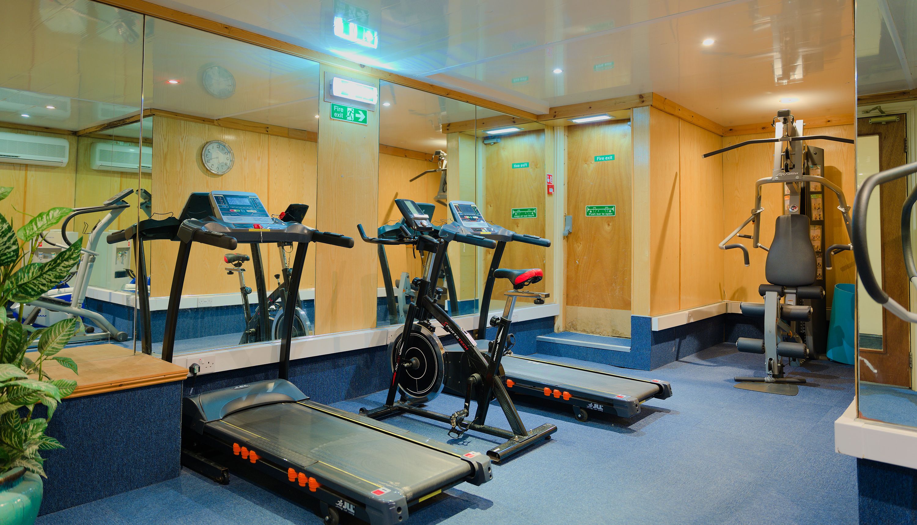 Small gym room with treadmills, exercise bike and multi-gym machine