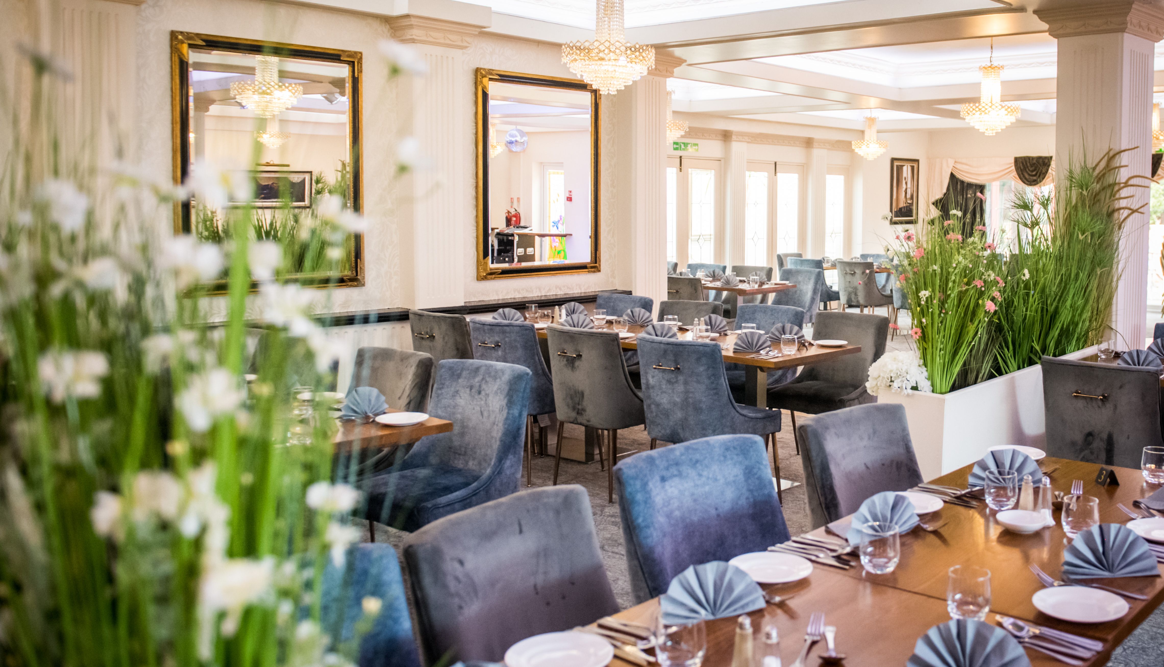 Elegant restaurant dining room with blue velvet chairs, set tables and crystal chandeliers