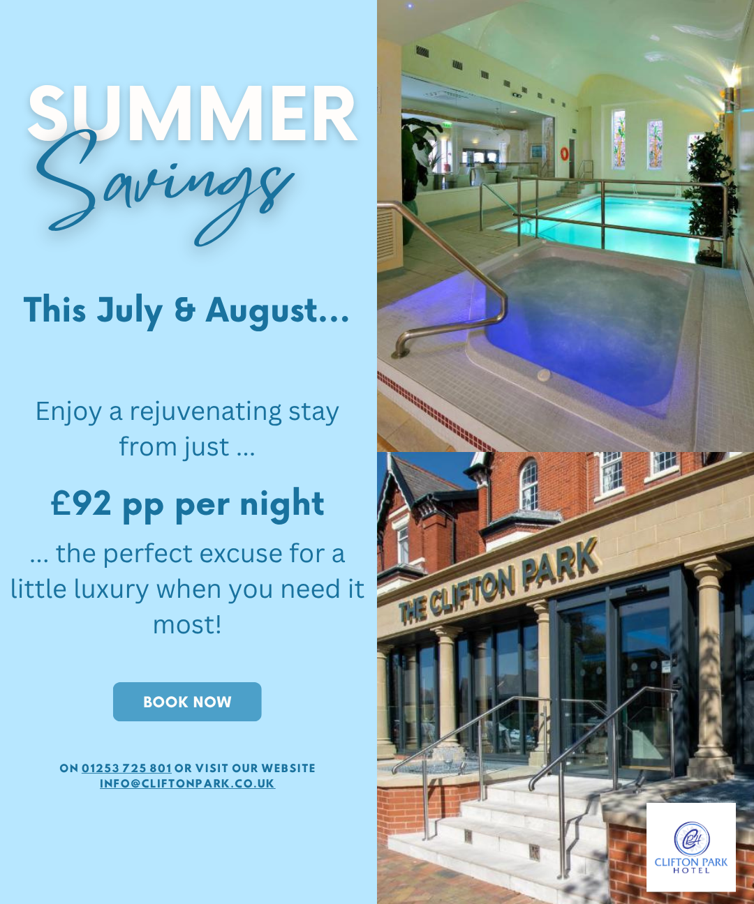 Summer Savings offer graphic for Clifton Park Hotel with images of an indoor pool and the hotel entrance, promoting stays from £92 per person per night in July and August.