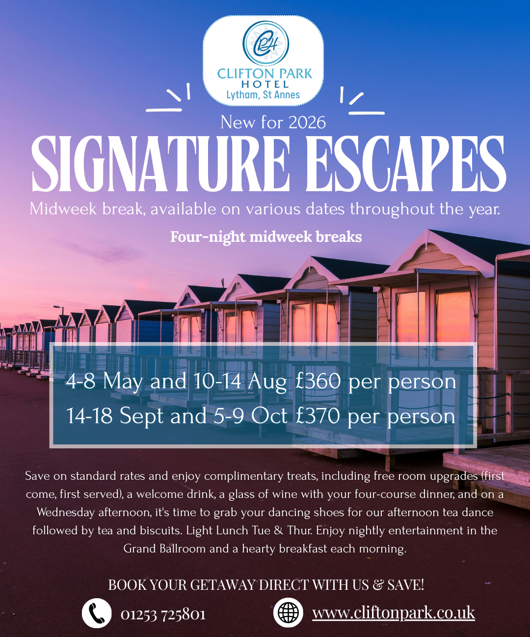 Clifton Park Hotel Lytham St Annes Signature Escapes 2026 offer poster with beach huts at sunset and midweek break dates and prices.