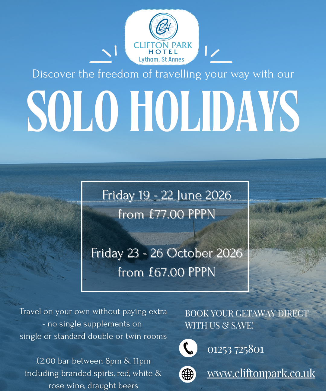 Clifton Park Hotel Solo Holidays offer poster with beach and sea background, dates June and October 2026 and prices from £77 and £67 PPPN