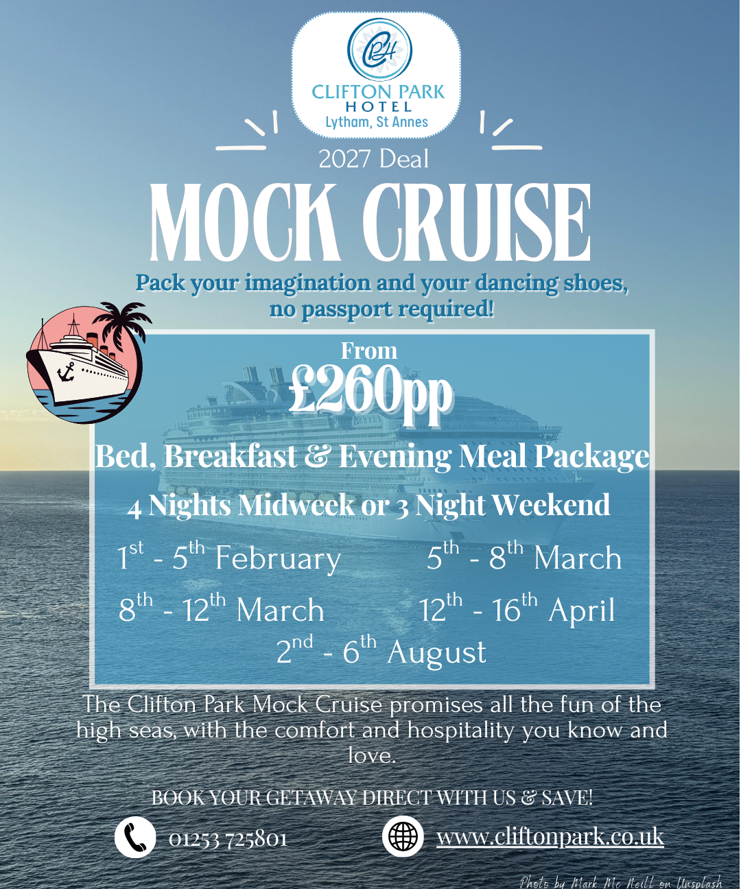 Clifton Park Hotel mock cruise 2027 deal poster over a sea and cruise ship background, from £260pp with dates listed