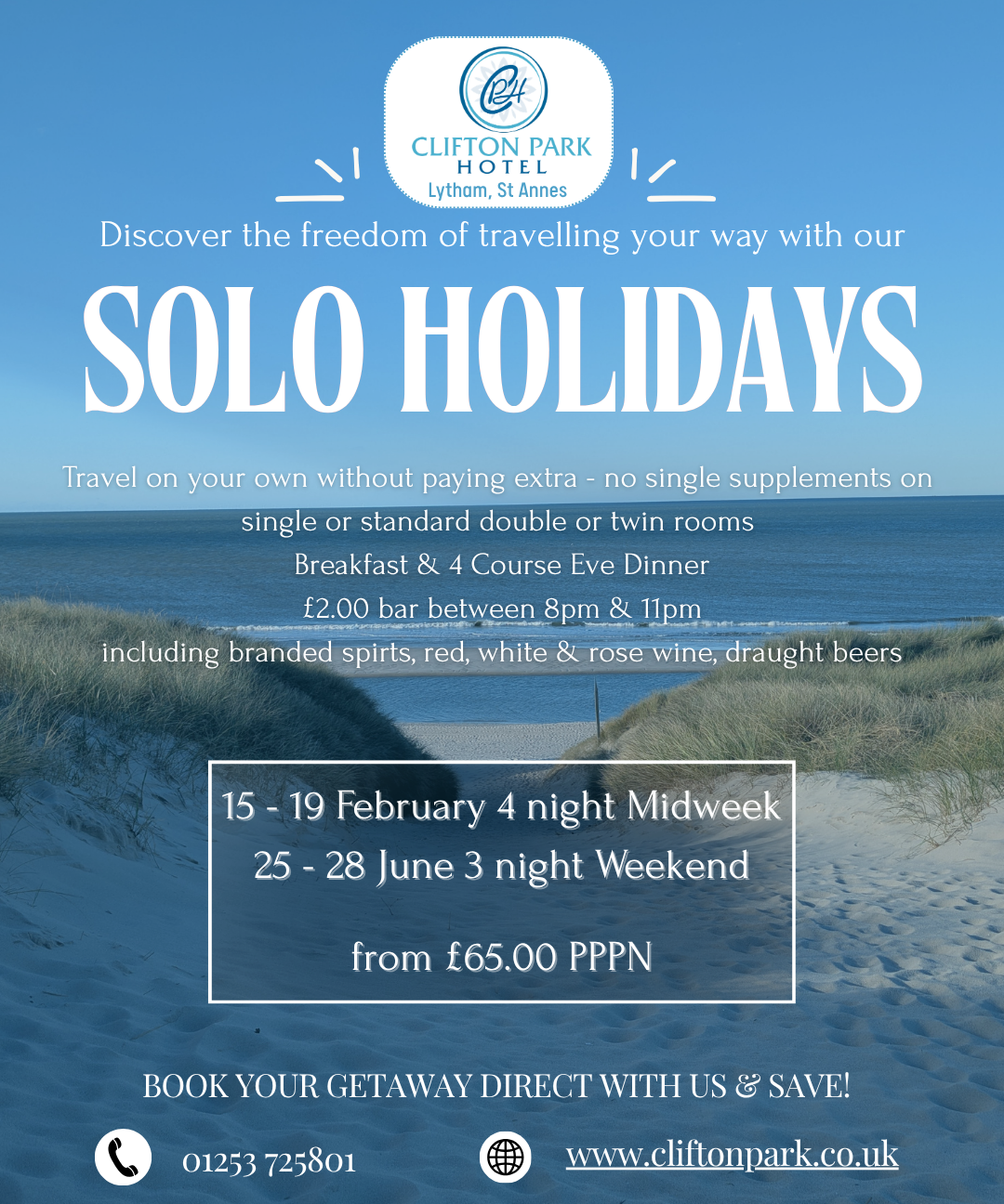 Promotional poster for Clifton Park Hotel solo holidays in Lytham St Annes with coastal dunes and sea background