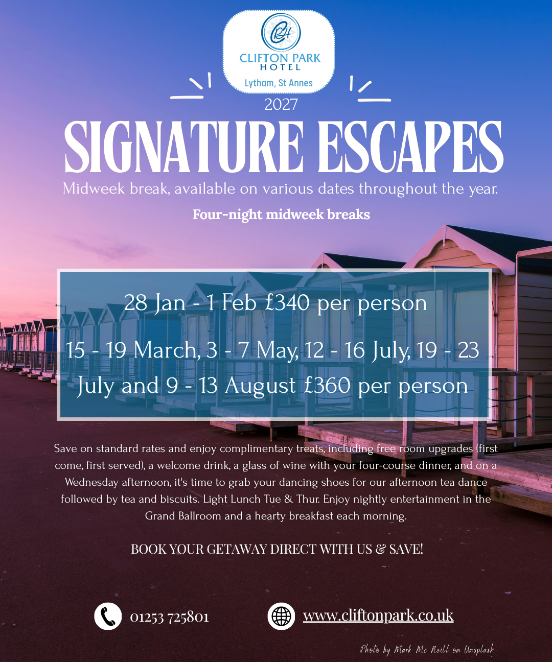 2027 Signature Escapes midweek break offer from Clifton Park Hotel, Lytham St Annes, with dates and prices, over a seaside beach huts background at sunset.