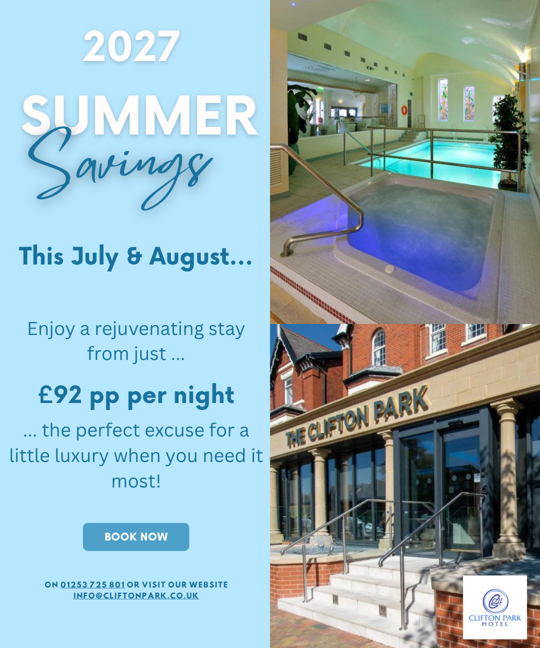 Promotional poster for Clifton Park Hotel 2027 Summer Savings, featuring an indoor pool and hot tub and the hotel entrance, offering stays from £92 per person per night in July and August.