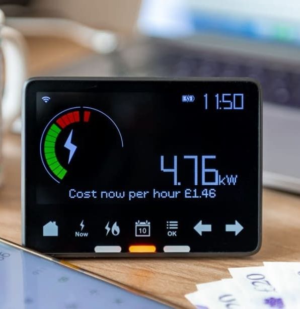 Digital smart meter displaying electricity usage and cost on a desk with a mug and phone nearby