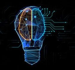 Digital illustration of a lightbulb combined with a human brain and circuit lines