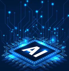 AI microchip with glowing circuit lines on a dark blue background